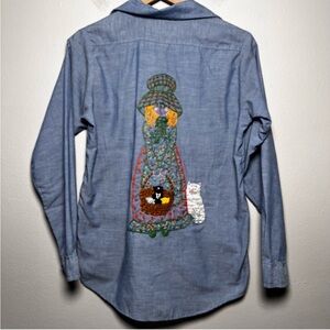 Amazing sixties vintage embroidered chambray button down shirt w/ cats 💯 cotton